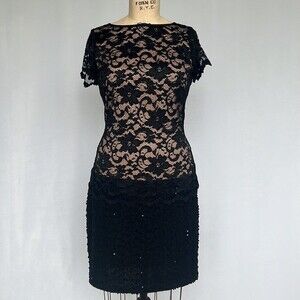 Joseph Ribkoff Black Lace Sequin Dress Nude Lining Ladies Size 10 Stretchy